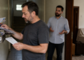 Homem retira correspondências acumuladas de uma caixa de correio enquanto outro homem conversa com ele no corredor de um prédio.