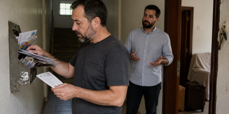 Homem retira correspondências acumuladas de uma caixa de correio enquanto outro homem conversa com ele no corredor de um prédio.