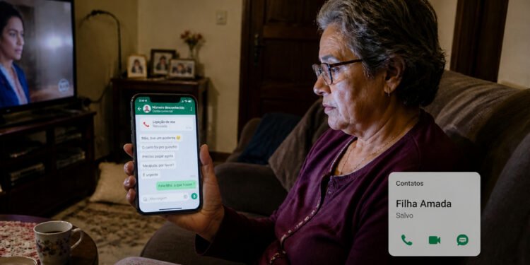 Mulher idosa sentada no sofá segura o celular com uma conversa aberta, enquanto observa a tela com expressão preocupada, em uma sala de casa com televisão ligada e uma xícara sobre a mesa.