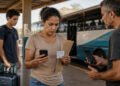 Mulher segura celular, envelope e comprovante em uma rodoviária, enquanto conversa com um homem que também olha para o telefone; ao fundo, um adolescente com mala está perto de um ônibus.