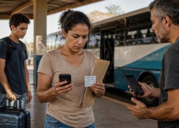 Mulher segura celular, envelope e comprovante em uma rodoviária, enquanto conversa com um homem que também olha para o telefone; ao fundo, um adolescente com mala está perto de um ônibus.
