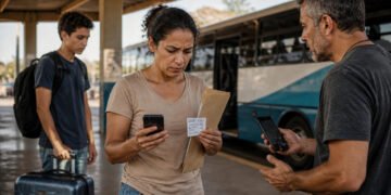 Mulher segura celular, envelope e comprovante em uma rodoviária, enquanto conversa com um homem que também olha para o telefone; ao fundo, um adolescente com mala está perto de um ônibus.