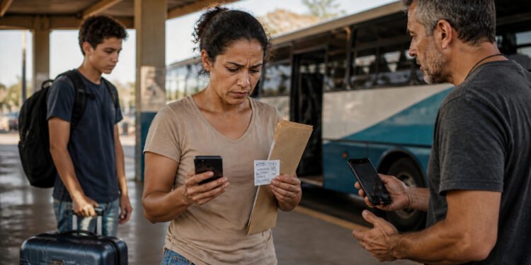 Mulher segura celular, envelope e comprovante em uma rodoviária, enquanto conversa com um homem que também olha para o telefone; ao fundo, um adolescente com mala está perto de um ônibus.