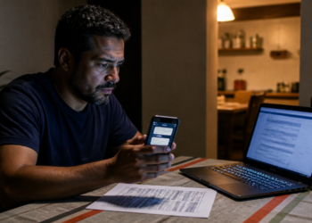 Homem sentado à mesa consulta mensagens no celular diante de um notebook aberto e de uma folha com registros impressos, em um ambiente doméstico pouco iluminado.