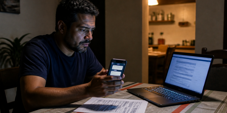 Homem sentado à mesa consulta mensagens no celular diante de um notebook aberto e de uma folha com registros impressos, em um ambiente doméstico pouco iluminado.
