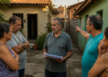 Homem segura documentos e conversa com quatro familiares em um quintal entre casas, enquanto um deles aponta para uma construção ao lado.