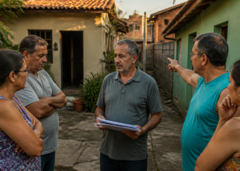 Homem segura documentos e conversa com quatro familiares em um quintal entre casas, enquanto um deles aponta para uma construção ao lado.