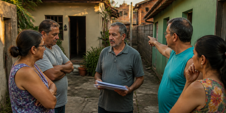 Homem segura documentos e conversa com quatro familiares em um quintal entre casas, enquanto um deles aponta para uma construção ao lado.