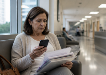 Mulher de meia-idade consulta o celular enquanto segura uma pasta com documentos na sala de espera de um hospital.
