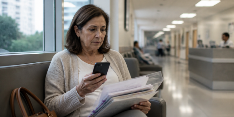 Mulher de meia-idade consulta o celular enquanto segura uma pasta com documentos na sala de espera de um hospital.