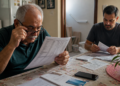 Homem idoso examina um extrato com os óculos abaixados enquanto outro homem confere boletos e comprovantes sobre uma mesa com celular e cartão bancário.