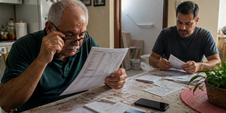 Homem idoso examina um extrato com os óculos abaixados enquanto outro homem confere boletos e comprovantes sobre uma mesa com celular e cartão bancário.