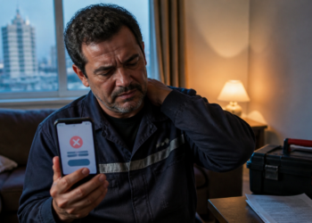 Homem com uniforme de trabalho segura um celular com tela de negativa enquanto leva a mão ao pescoço, sentado em casa ao lado de caixa de ferramentas e documentos.