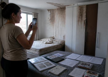 Mulher fotografa com o celular um quarto com paredes e teto marcados por infiltração, enquanto documentos e registros estão organizados sobre a cama.
