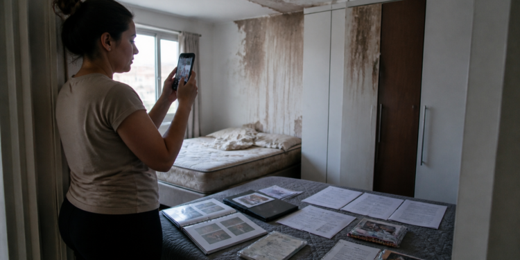 Mulher fotografa com o celular um quarto com paredes e teto marcados por infiltração, enquanto documentos e registros estão organizados sobre a cama.