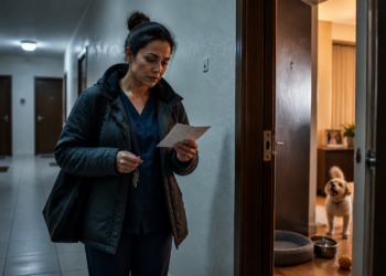 Mulher com uniforme de enfermagem lê um bilhete no corredor de um prédio, diante da porta aberta de um apartamento onde um cachorro aparece ao lado da cama e dos potes.