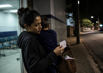 Mulher segura uma criança no colo e confere um pequeno papel diante da entrada iluminada de uma unidade de atendimento durante a noite.