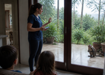 Mulher dentro de casa segura um celular e observa um macaco-prego do lado de fora da porta de vidro, enquanto duas crianças assistem à cena e um cachorro aparece ao fundo.