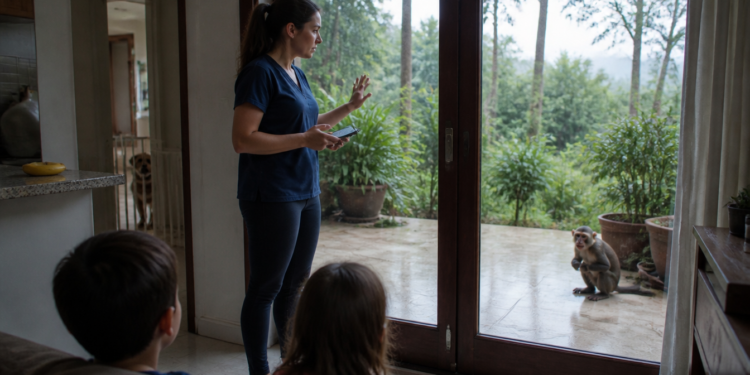 Mulher dentro de casa segura um celular e observa um macaco-prego do lado de fora da porta de vidro, enquanto duas crianças assistem à cena e um cachorro aparece ao fundo.