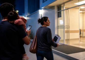 Mulher caminha em direção à entrada iluminada de uma unidade de atendimento enquanto segura papéis, acompanhada por um homem com uma criança no colo e um celular na mão.