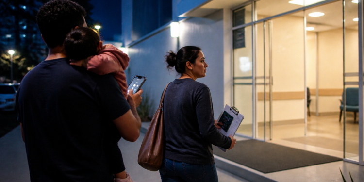 Mulher caminha em direção à entrada iluminada de uma unidade de atendimento enquanto segura papéis, acompanhada por um homem com uma criança no colo e um celular na mão.