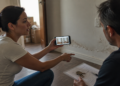 Mulher fotografa com o celular um cômodo vazio de apartamento, com chaves e documento sobre a mesa e caixas de mudança ao fundo.