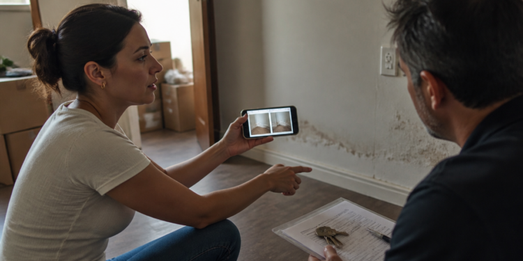 Mulher fotografa com o celular um cômodo vazio de apartamento, com chaves e documento sobre a mesa e caixas de mudança ao fundo.