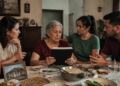 Mulher idosa segura uma pasta com documentos à mesa enquanto três familiares conversam ao redor durante uma reunião em casa.