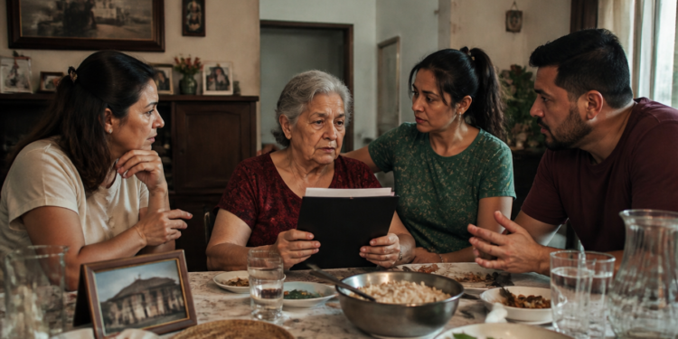 Mulher idosa segura uma pasta com documentos à mesa enquanto três familiares conversam ao redor durante uma reunião em casa.
