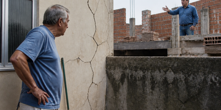 Aposentado observa grandes rachaduras na parede externa de sua casa enquanto o vizinho gesticula em uma obra de alvenaria ao lado.
