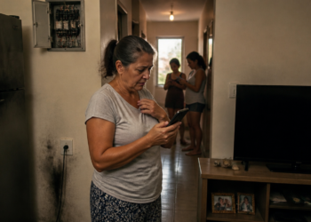 Mulher olha para o celular em uma sala de casa, ao lado de um quadro de energia aberto, marcas de queimado na parede, geladeira e televisão.