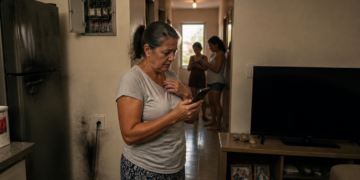 Mulher olha para o celular em uma sala de casa, ao lado de um quadro de energia aberto, marcas de queimado na parede, geladeira e televisão.