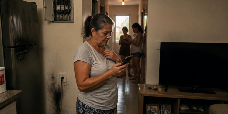 Mulher olha para o celular em uma sala de casa, ao lado de um quadro de energia aberto, marcas de queimado na parede, geladeira e televisão.