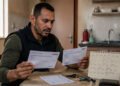 Homem sentado à mesa de casa segura dois avisos impressos, com calendário, chaves, carteira e capacete sobre a mesa.