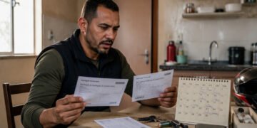 Homem sentado à mesa de casa segura dois avisos impressos, com calendário, chaves, carteira e capacete sobre a mesa.