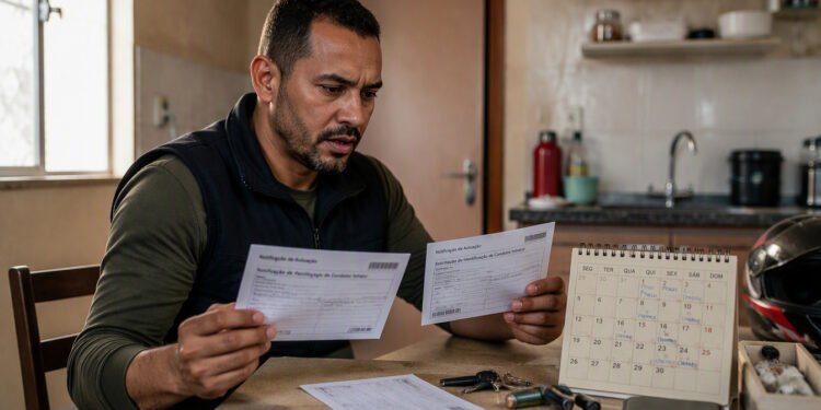 Homem sentado à mesa de casa segura dois avisos impressos, com calendário, chaves, carteira e capacete sobre a mesa.
