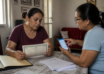 Duas mulheres sentadas à mesa analisam documentos; uma segura um certificado e a outra mostra informações no celular, com uma pasta e papéis espalhados sobre a mesa.