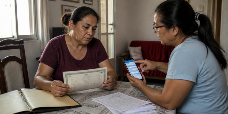 Duas mulheres sentadas à mesa analisam documentos; uma segura um certificado e a outra mostra informações no celular, com uma pasta e papéis espalhados sobre a mesa.