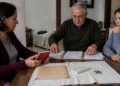 Três irmãos sentados à mesa analisam pilhas de documentos, enquanto uma mulher segura uma caderneta vermelha e um homem organiza os papéis diante deles.