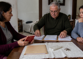 Três irmãos sentados à mesa analisam pilhas de documentos, enquanto uma mulher segura uma caderneta vermelha e um homem organiza os papéis diante deles.