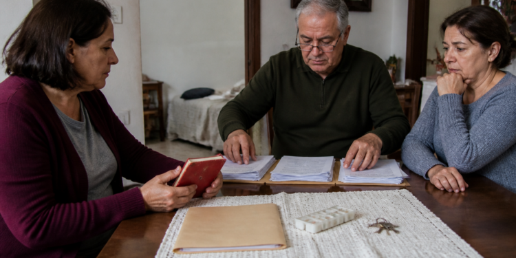 Três irmãos sentados à mesa analisam pilhas de documentos, enquanto uma mulher segura uma caderneta vermelha e um homem organiza os papéis diante deles.