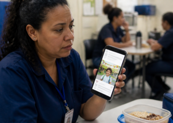Mulher com uniforme azul segura um celular que exibe a foto de uma criança, enquanto está sentada diante de uma refeição em um ambiente de trabalho.