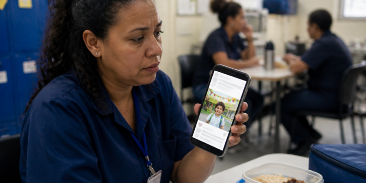 Mulher com uniforme azul segura um celular que exibe a foto de uma criança, enquanto está sentada diante de uma refeição em um ambiente de trabalho.