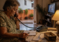 Idosa fala ao telefone fixo enquanto anota informações em uma folha, com comprovantes espalhados sobre a mesa da sala.