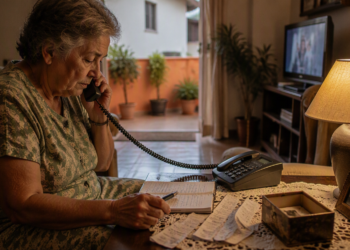 Idosa fala ao telefone fixo enquanto anota informações em uma folha, com comprovantes espalhados sobre a mesa da sala.