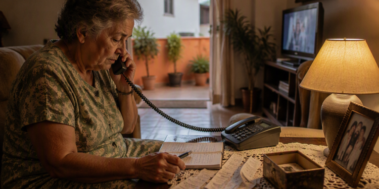 Idosa fala ao telefone fixo enquanto anota informações em uma folha, com comprovantes espalhados sobre a mesa da sala.