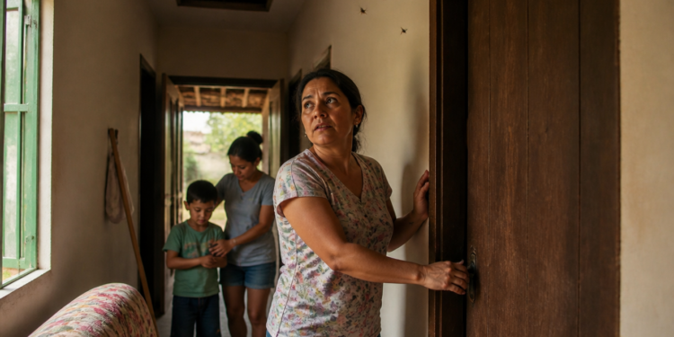 Mulher fecha a porta de um quarto enquanto observa insetos próximos ao teto, com outra mulher e uma criança ao fundo do corredor.