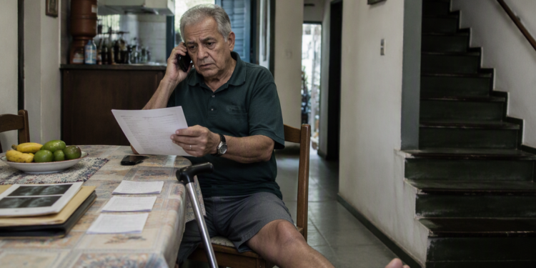 Homem idoso fala ao telefone enquanto lê um documento sentado à mesa de casa, com papéis e uma bengala ao lado.
