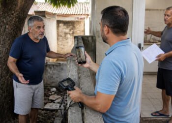 Morador conversa com o vizinho ao lado de uma grande árvore enquanto um homem registra com o celular a área próxima ao muro e segura um equipamento de inspeção.