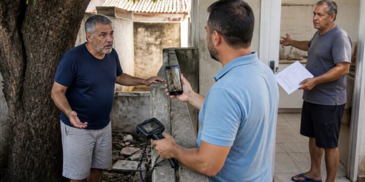 Morador conversa com o vizinho ao lado de uma grande árvore enquanto um homem registra com o celular a área próxima ao muro e segura um equipamento de inspeção.